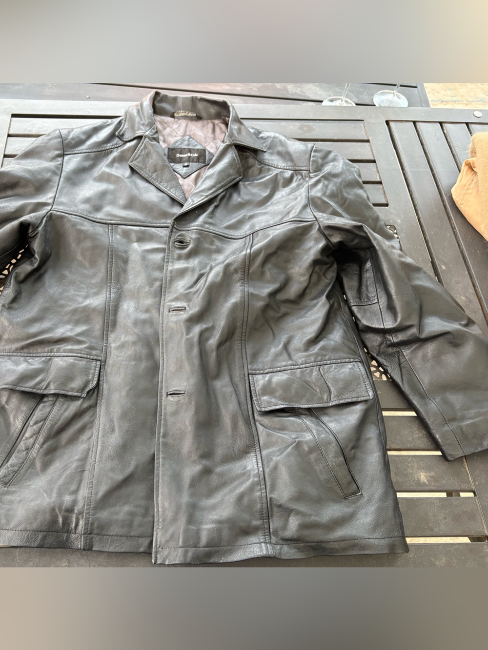 Men's Black Leather Trench Coat - Classic Button Front